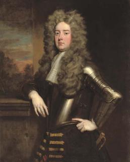 Sir Godfrey Kneller - Portrait of Edward Henry Lee, 1st Earl of Lichfield (1663-1716), three-quarter-length, in armour, leaning on a plinth, a landscape beyond
