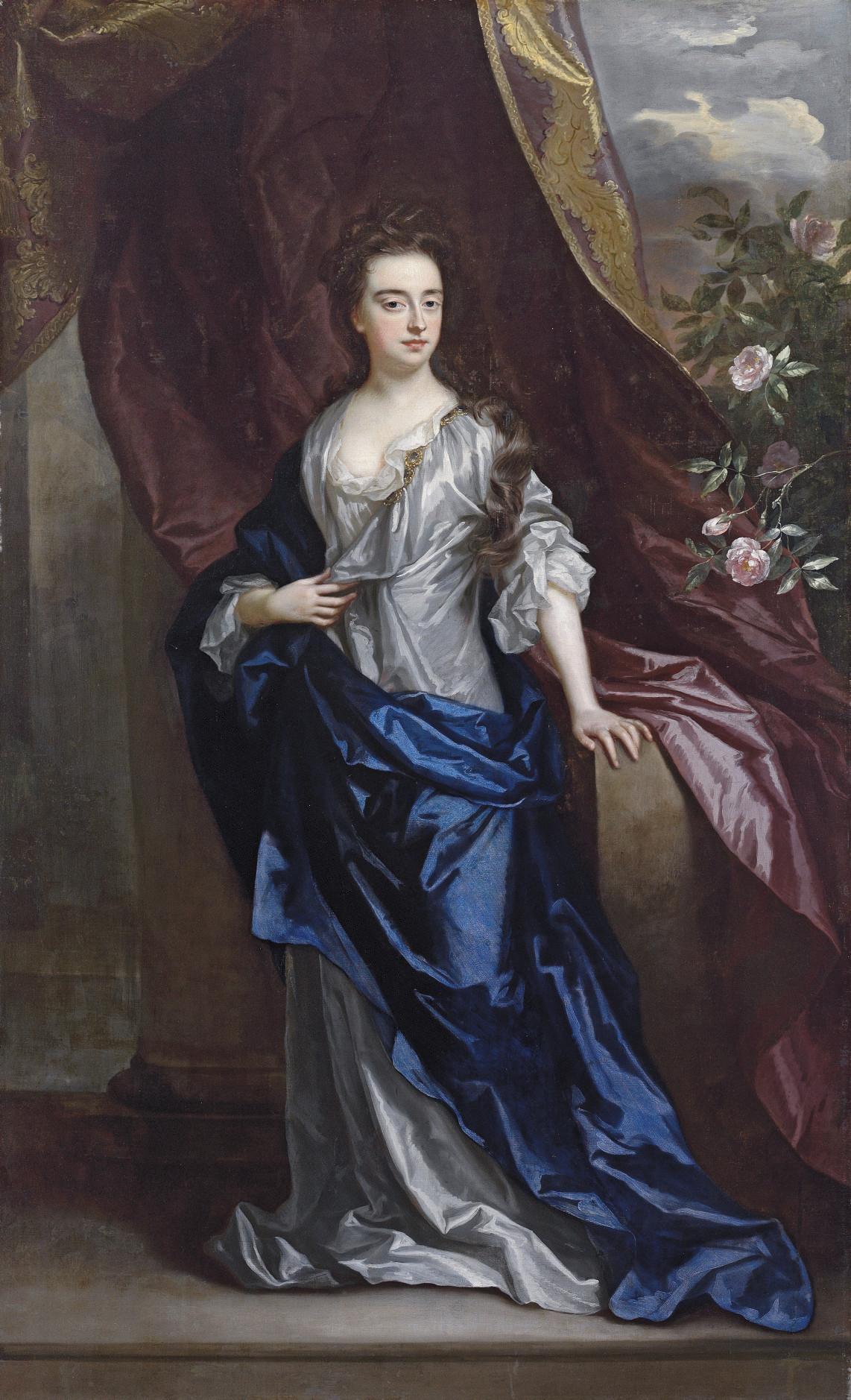 Sir Godfrey Kneller - Portrait of Elizabeth, Duchess of Dorset, Full-Length, In A White Dress With A Blue Wrap, Leaning On A Stone Pedestal With Her Left Hand, Beside A Draped Curtain