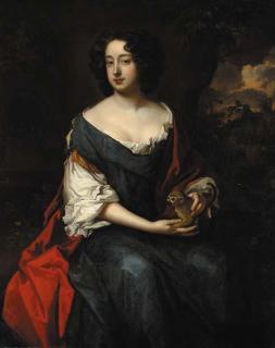 Sir Godfrey Kneller - Portrait of Elizabeth, Lady Felton (d.1681), three-quarter-length, seated, in a blue dress with a red wrap, holding a monkey in her lap, a landscape beyond