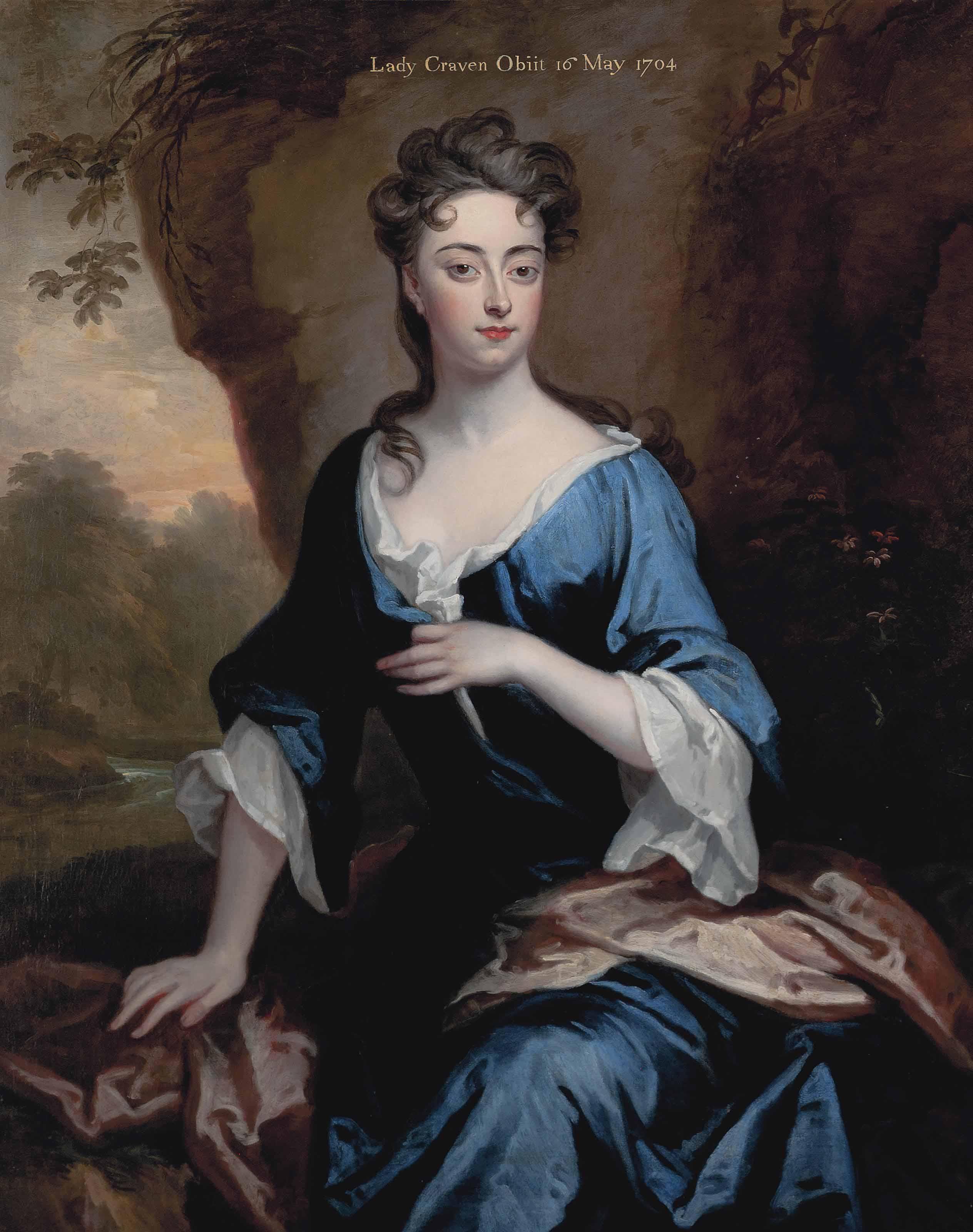 Sir Godfrey Kneller - Portrait of Elizabeth Skipwith, Lady Craven (1679-1704), three-quarter-length, in a blue dress and red shawl, a wooded river landscape beyond