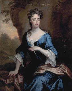 Sir Godfrey Kneller - Portrait of Elizabeth Skipwith, Lady Craven (1679-1704), three-quarter-length, in a blue dress and red shawl, a wooded river landscape beyond