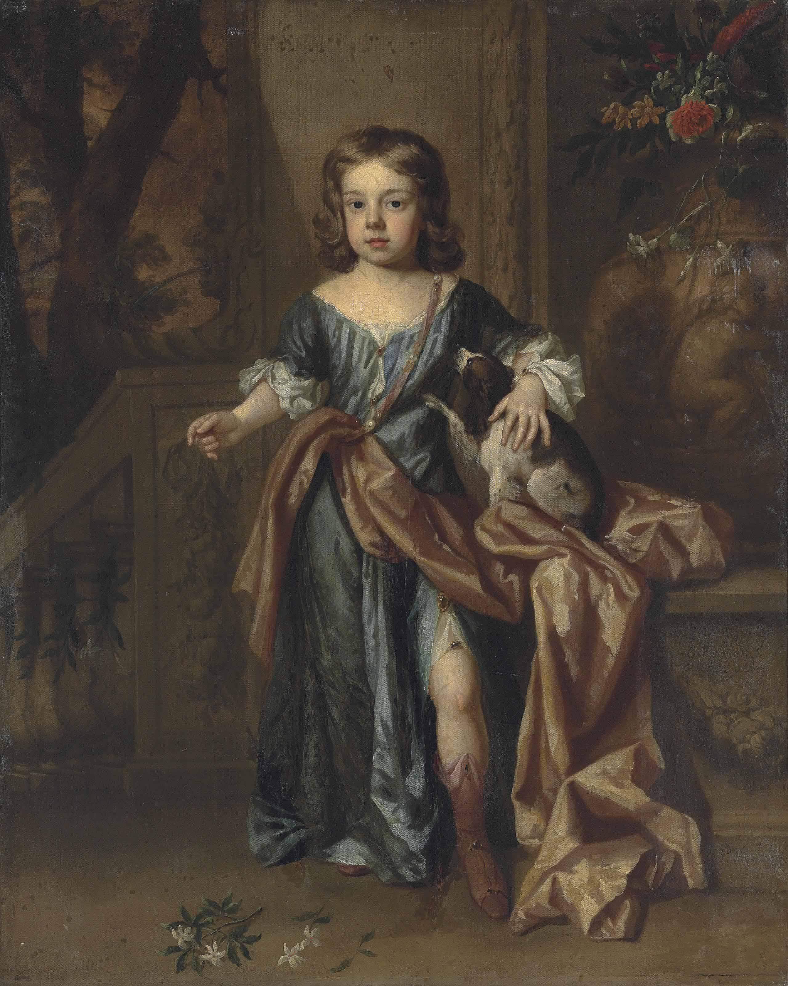 Sir Godfrey Kneller - Portrait of Francis, 2nd Earl of Godolphin (1678-1766), as a boy, full-length, in a blue dress, with a spaniel