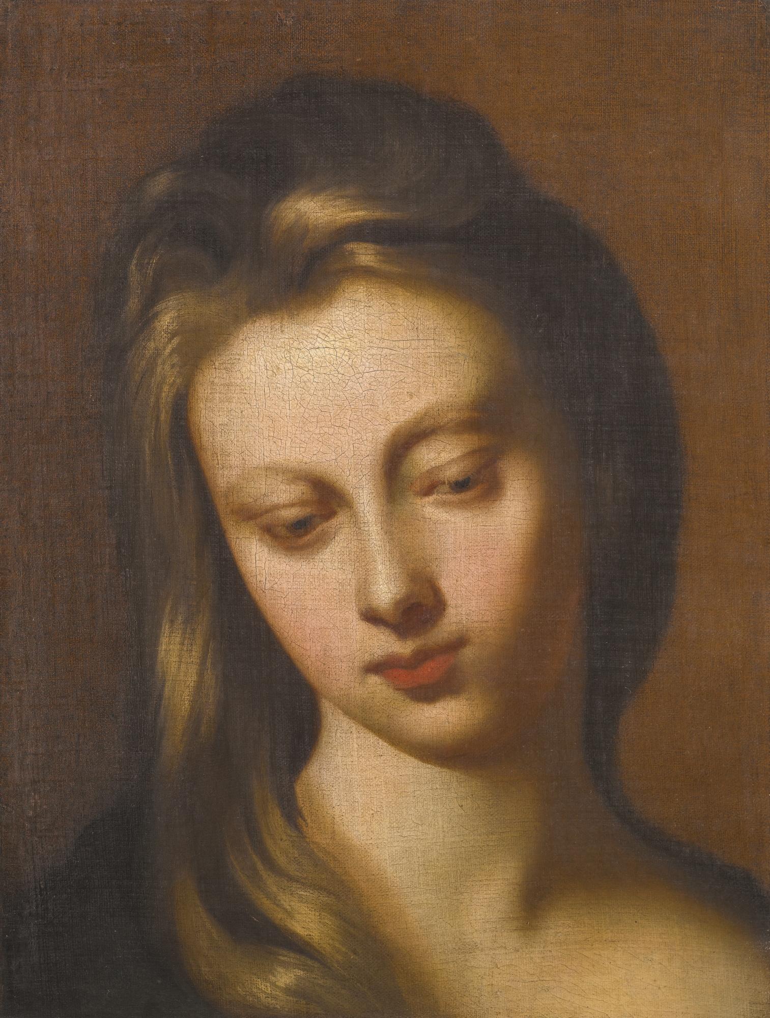 Sir Godfrey Kneller - Portrait Study Of A Young Lady Looking Downwards, Bust-Length