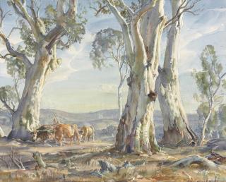 Sir Hans Heysen - A drover and cattle, Ambleside