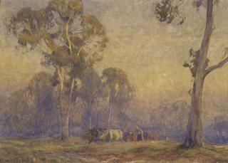 Sir Hans Heysen - Bullock Dray and Driver, Homeward Bound