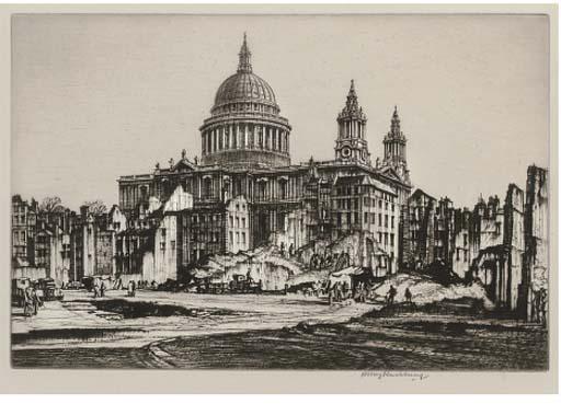 Sir Henry George Rushbury - A collection of five drypoint etchings, comprising St. Paul\'s Cathedral, Stirling Castle, Notre Dame, Horseguards Parade and Fountains Abbey, on wove paper, all signed in pencil