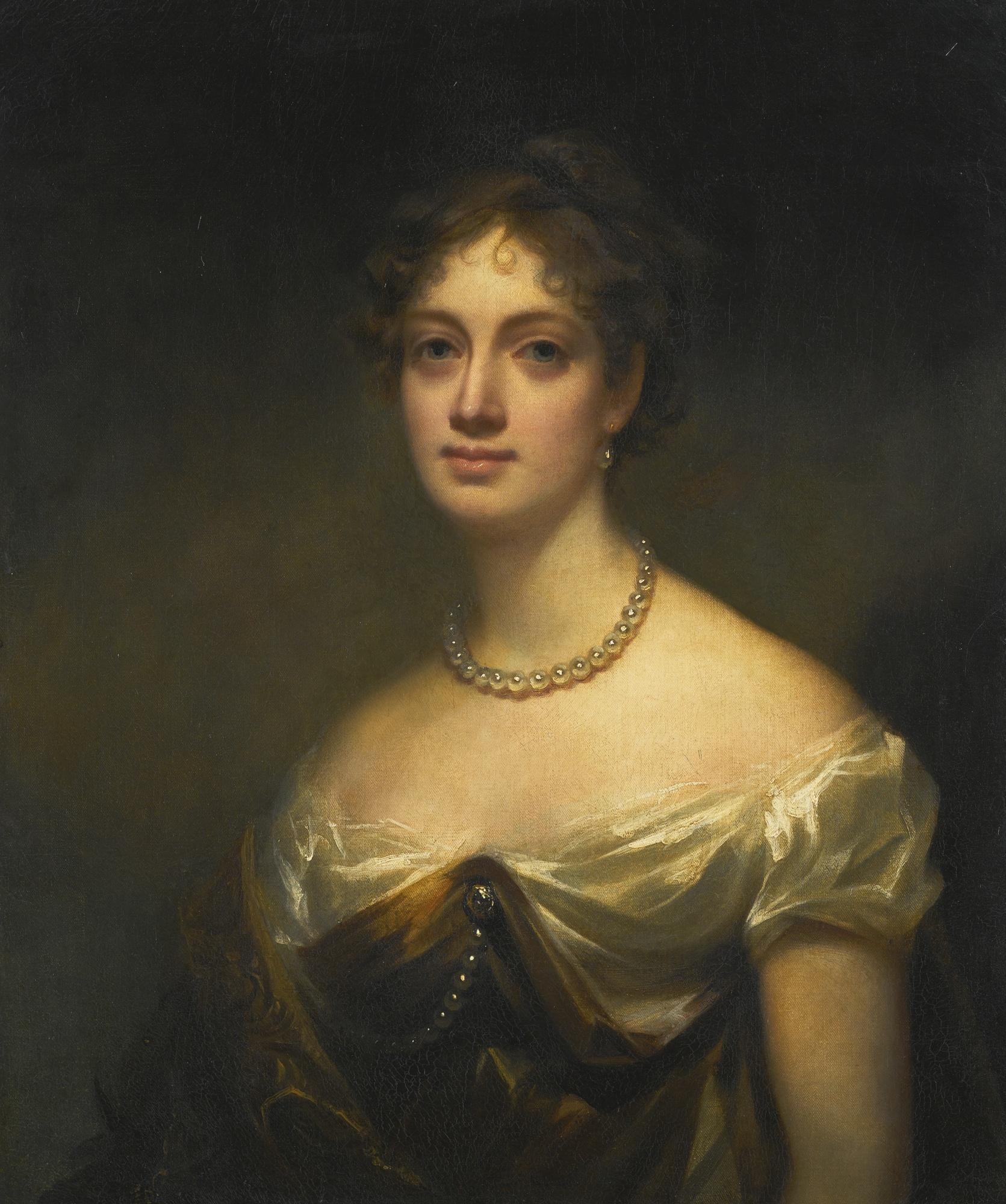 Sir Henry Raeburn R.A., P.R.S.A. - Portrait Of Anne Blair Maconochie Welwood Of Garvock, Lady Meadowbank (1784–1866), Half-Length, Wearing A Brown And White Dress, With Pearl Earrings And Necklace