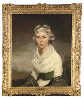 Sir Henry Raeburn, R.A. P.R.S.A. - Portrait of Mrs George Wood, three-quarter-length, in a white dress with a green sash and black shawl, in a landscape