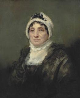 Sir Henry Raeburn R.A. - Portrait of a lady, traditionally identified as Mrs. Balfour, half-length, in a black dress with a white bonnet