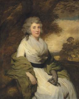Sir Henry Raeburn, R.A. - Portrait of Henrietta, Mrs. John Parish (1745-1810), three-quarter-length, seated in a landscape, wearing a white dress with a green shawl and gloves