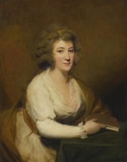 Sir Henry Raeburn, R.A. - Portrait Of Lady Nasmyth, In A White Dress And Brown Shawl, Seated At A Table, Holding A Book