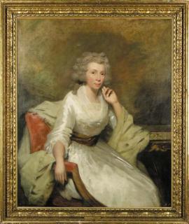 Sir Henry Raeburn, R.A. - Portrait of Margaretta Henrietta, Lady Hepburn, three-quarter-length, seated, in a white dress and a green shawl, her left arm resting on a table