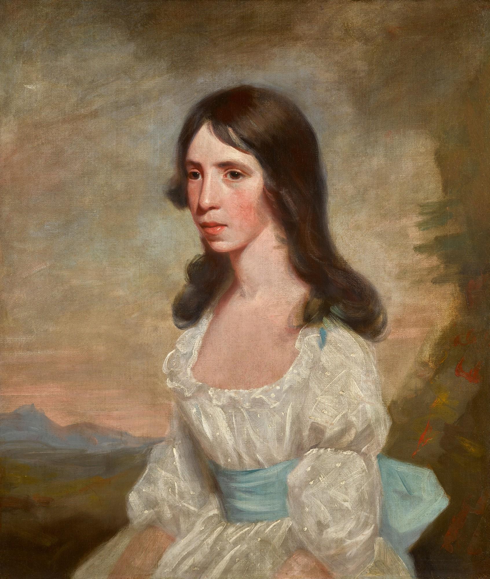 Sir Henry Raeburn, R.A. - Portrait Of Miss Maitland, Half-Length, Seated In A Landscape, Wearing A White Dress With A Blue Sash