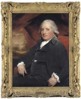 Sir Henry Raeburn, R.A. - Portrait of the Right Hon. Robert Blair of Avontoun, half-length, seated, in a black suit, against a red curtain with a landscape beyond