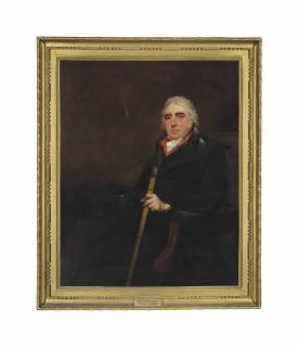 Sir Henry Raeburn - Portrait of Donald MacLeod (1745-1834), 3rd of Geanies, Sheriff of Ross and Cromarty, half-length, seated, in a black coat with a red collar, his left hand holding a walking stick