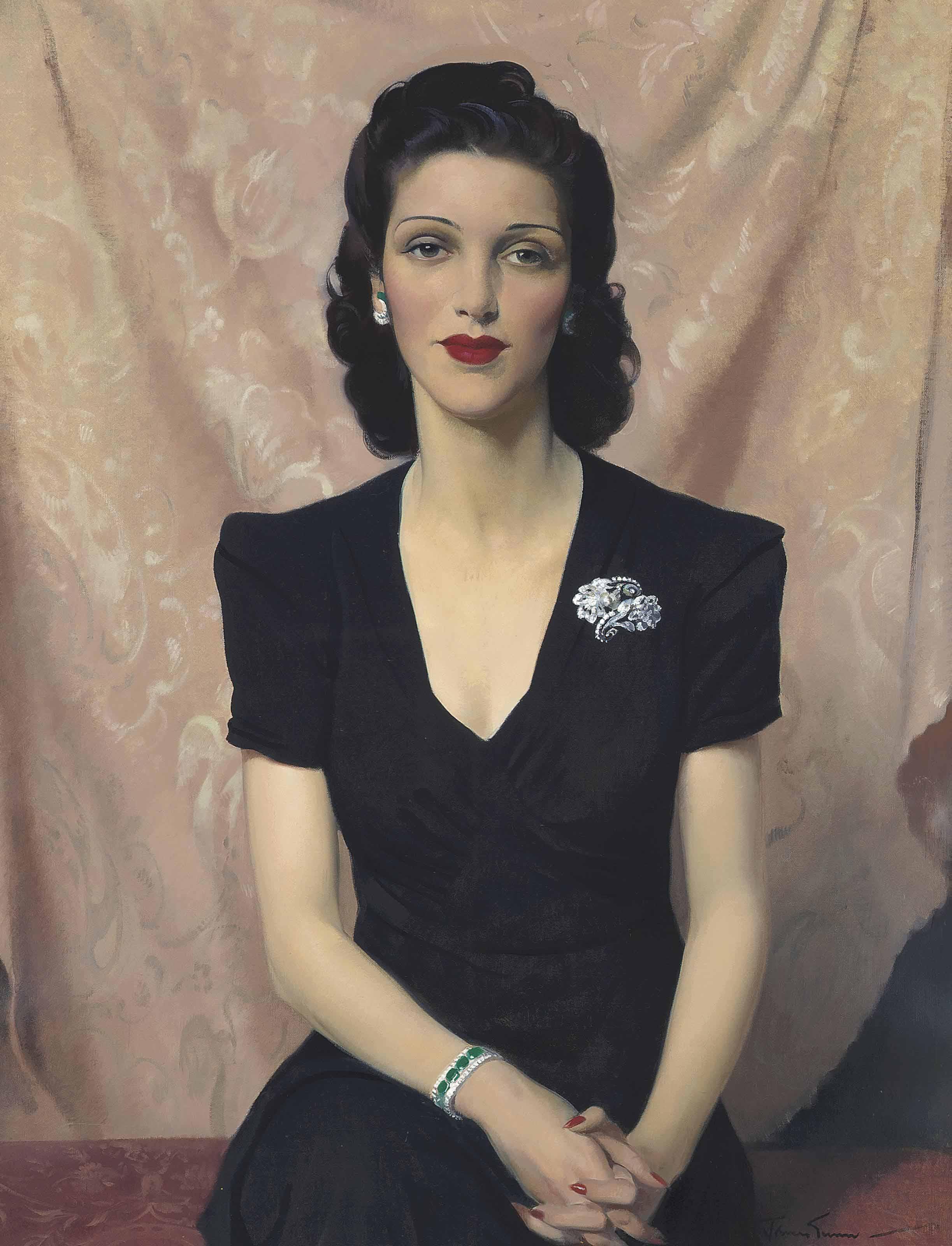 Sir Herbert James Gunn, R.A., R.W.S. - Portrait Of Mrs Francine Clore Née Halphen, In A Black Dress, Wearing A Diamond And Emerald Bracelet