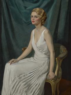 Sir Herbert James Gunn, R.A. - Madeleine Carroll (1906-1987), in a white evening gown, possibly by Fortuny, c. 1931