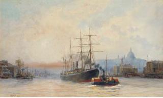 Sir Hubert James Medlycott - Towing Down River In The Pool of London