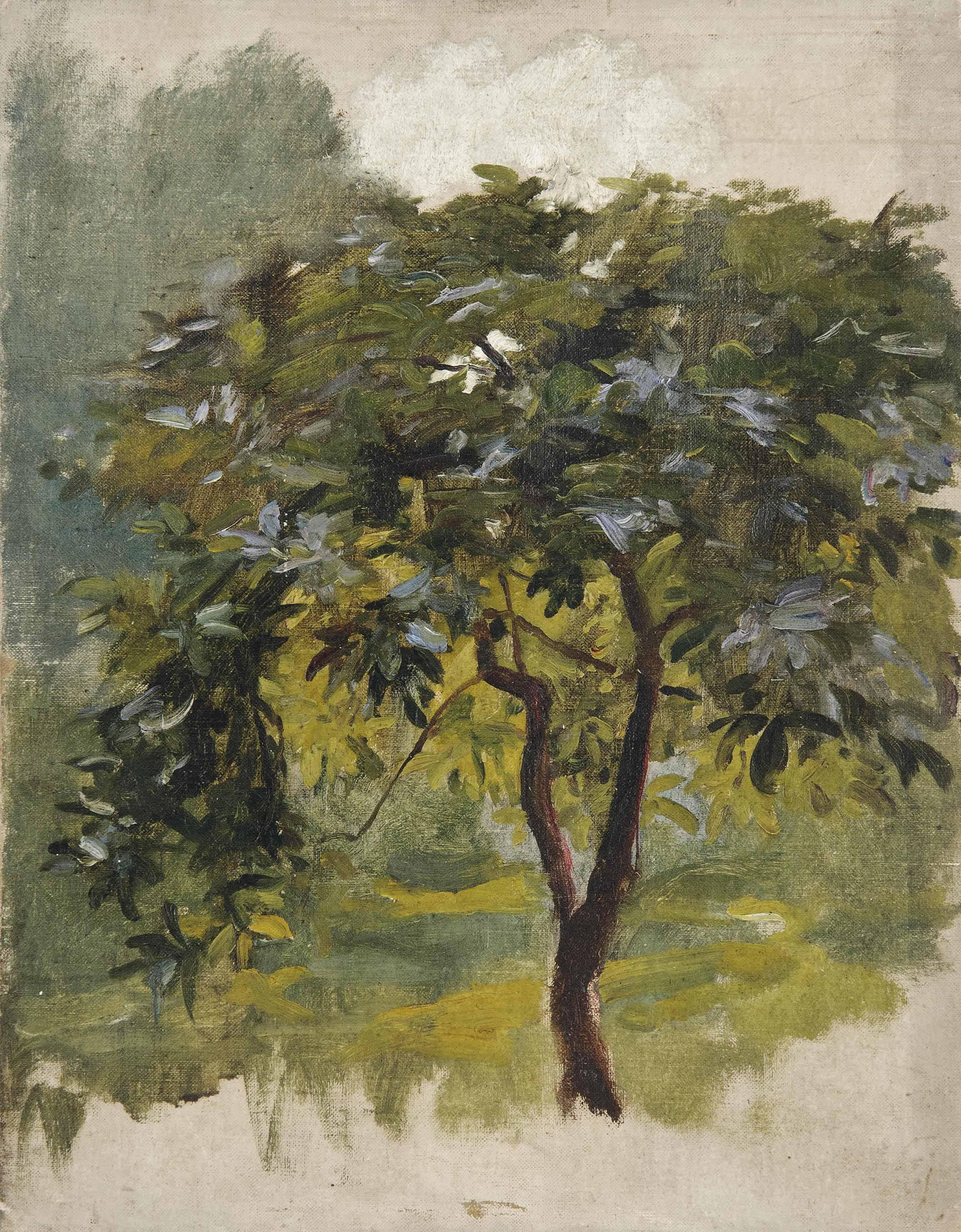 Sir James Jebusa Shannon, R.A., R.B.A., P.R.S.P.P. - Four Oil Studies Including A Woman In A Cafe, A Dog, An Interior Scene And A Tree