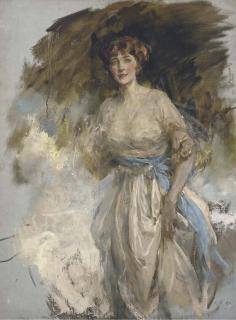 Sir James Jebusa Shannon, R.A., R.B.A., R.H.A. - Portrait of Lady Grace Dance, three-quarter-length, in a white dress with blue waistband, a sketch
