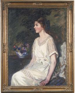 Sir James Jebusa Shannon, R.A. - Portrait Of Pierre Collins, Seated, Three-Quarter-Length, In A White Dress, By A Bowl Of Flowers