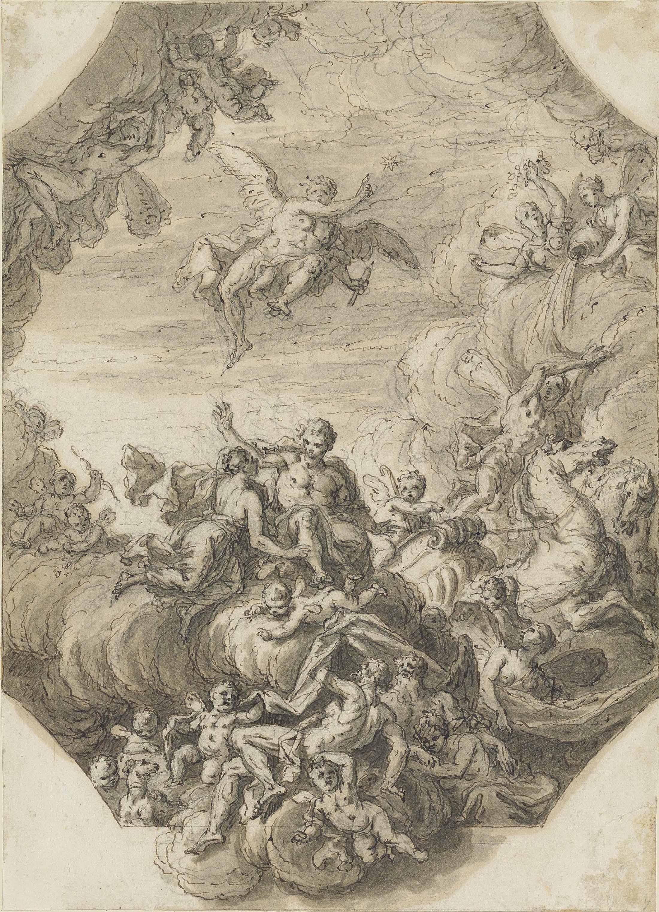 Sir James Thornhill - Study for the ceiling design for the Queen\'s State Bedchamber, Hampton Court Palace ( recto ); and Study of a winged figure ( verso )