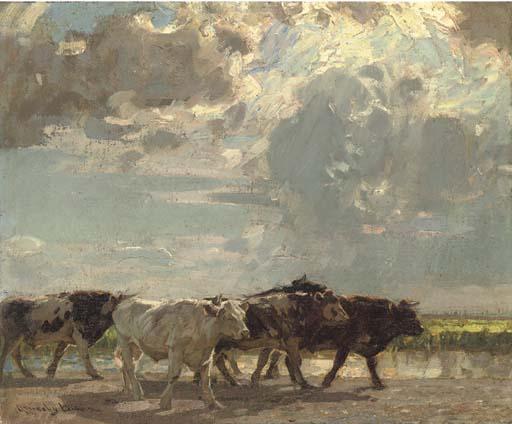 Sir John Alfred Arnesby Brown, R.A. - A Herd of Cows Crossing A Marsh