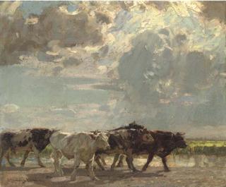 Sir John Alfred Arnesby Brown, R.A. - A Herd of Cows Crossing A Marsh