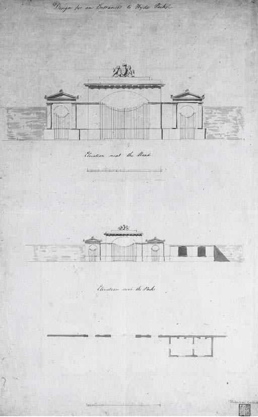 Sir John Soane, R.A. - Design For An Entrance To Hyde Park: Elevations Next To The Road And Next To The Park, With Plan (Recto); And Elevations And Plans of The Gate\'S And Lodge (Verso)