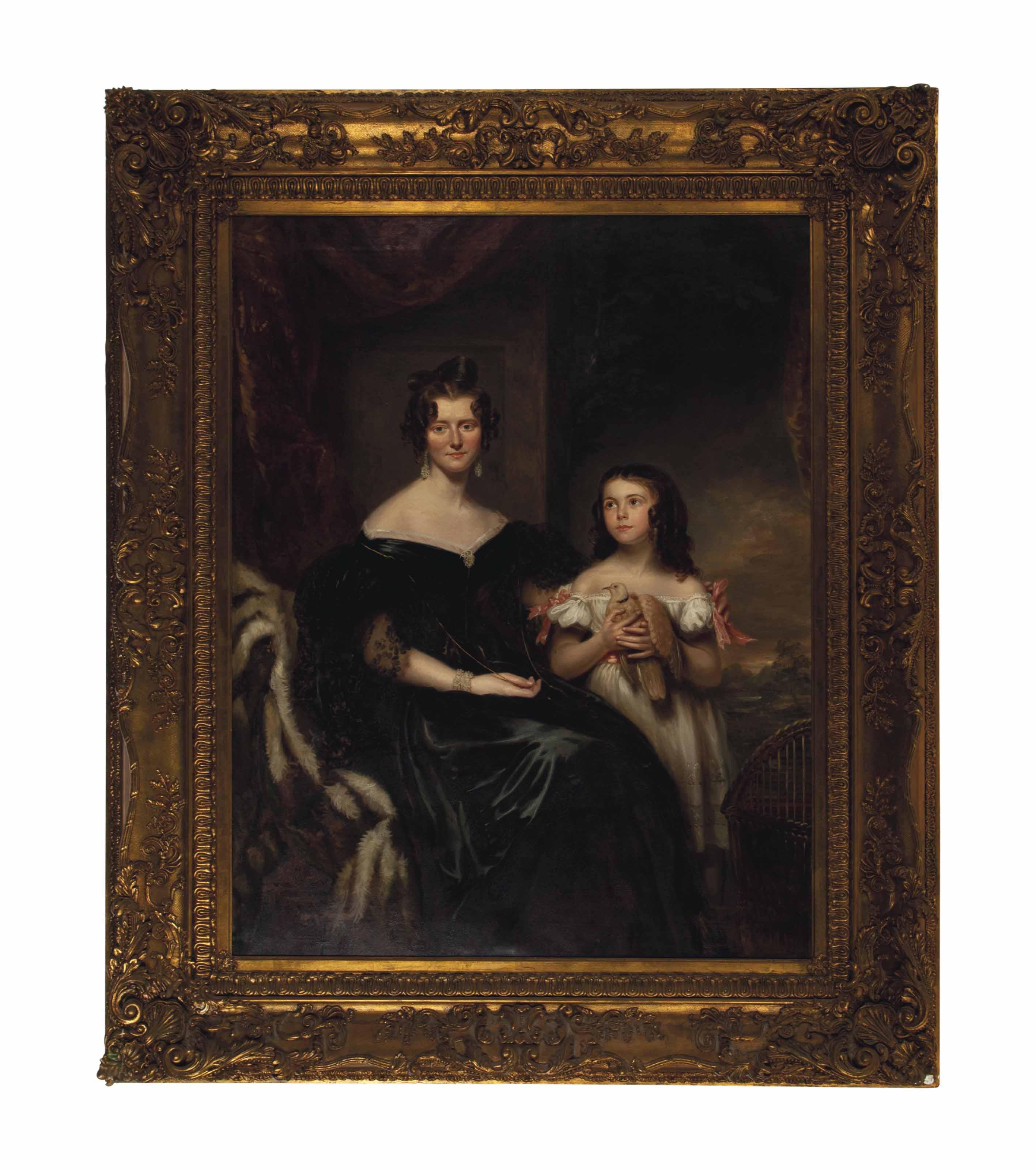 Sir John Watson Gordon, R.A., P.R.S.A. - Portrait Of A Lady, Three-Quarter Length, Seated, In Black, With Her Daughter, Holding A Turtledove