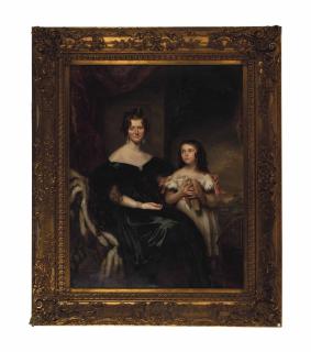 Sir John Watson Gordon, R.A., P.R.S.A. - Portrait Of A Lady, Three-Quarter Length, Seated, In Black, With Her Daughter, Holding A Turtledove