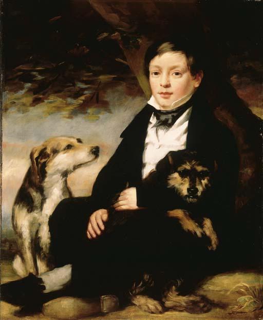 Sir John Watson Gordon, R.A., P.R.S.A. - Portrait of Richard Raines Savage, full-length, seated, in a black coat and white waistcoat, with two dogs, in a landscape