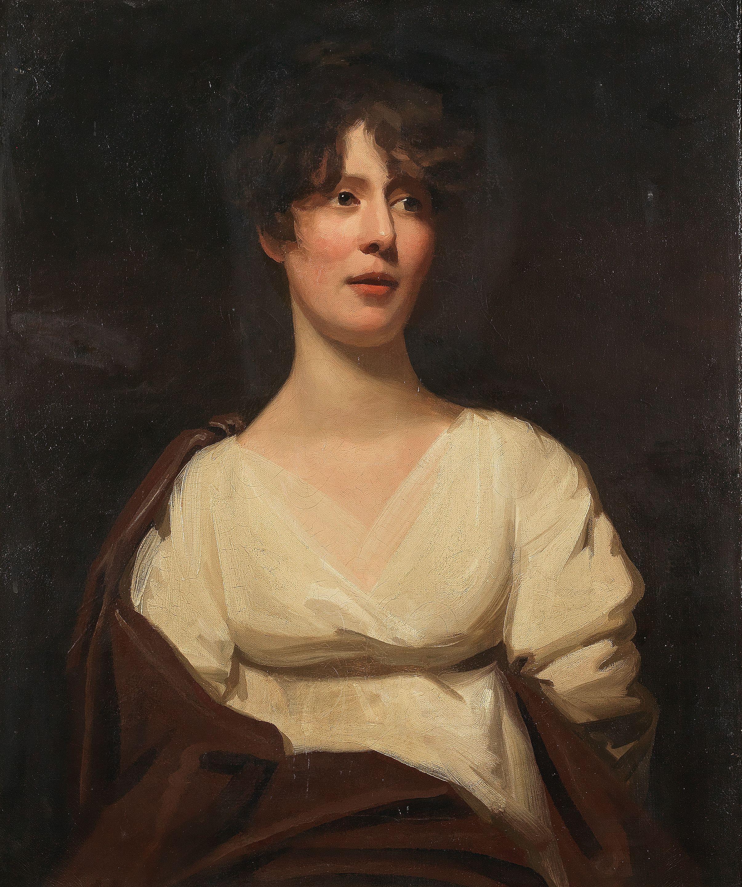 Sir John Watson Gordon - Portrait of a lady in a white dress, half-length, wearing a red shawl
