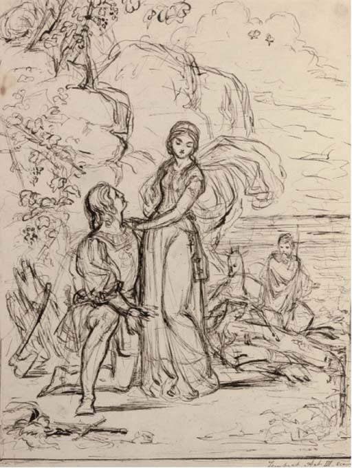 Sir Joseph Noel Paton, R.S.A. - Scenes for \'The Tempest\':  Prospero, Miranda and sea nymphs; Ferdinand and Miranda; and A court scene