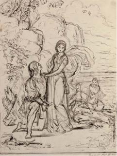 Sir Joseph Noel Paton, R.S.A. - Scenes for \'The Tempest\':  Prospero, Miranda and sea nymphs; Ferdinand and Miranda; and A court scene