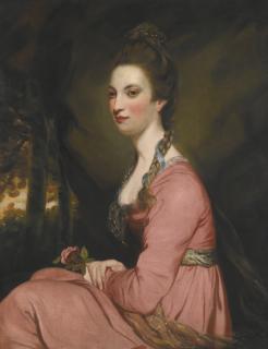 Sir Joshua Reynolds, P.R.A. - Portrait Of A Lady Seated In A Landscape, Wearing A Pink Dress And Holding A Rose