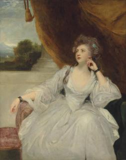 Sir Joshua Reynolds, P.R.A. - Portrait Of Elizabeth Falconer, Mrs. Stanhope, As Contemplation, Three-Quarter-Length, In A White Satin Dress, Before A Draped Curtain