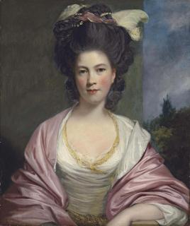 Sir Joshua Reynolds, P.R.A. - Portrait of Elizabeth, Lady Forbes (c. 1750-1802), half-length, in a white dress and a pink mantle, with feathers, ribbons and pearls in her hair