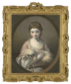 Sir Joshua Reynolds, P. R. A. - Portrait of Emilia Vansittart (1778-1791), half-length, in a pink and white dress, holding a dog, in a painted oval
