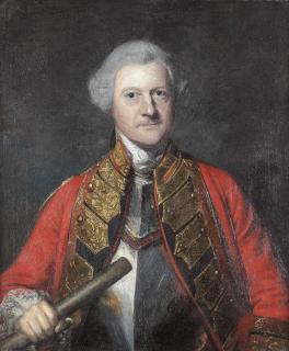 Sir Joshua Reynolds P.R.A. - Portrait of General Dury, half-length, in a scarlet gold-frogged coat and a breastplate, holding a scroll