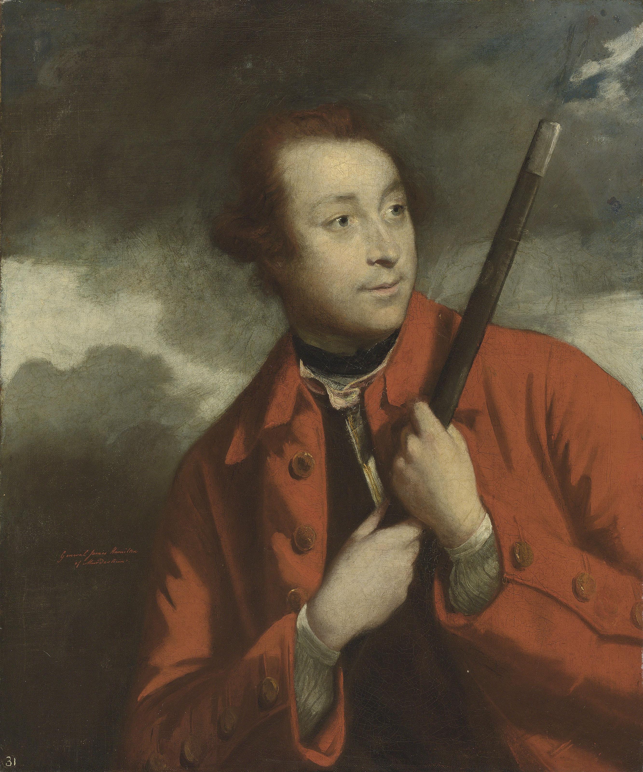 Sir Joshua Reynolds, P.R.A. - Portrait of General James Inglis Hamilton (before 1742-1803), half-length, in a red jacket, holding a rifle