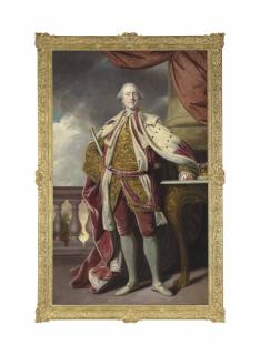 Sir Joshua Reynolds, P.R.A. - Portrait of James Hay (1726-1778), 15th Earl of Erroll, full-length, in Coronation robes, holding the baton of the Lord High Constable of Scotland, a balustrade and a tree beyond