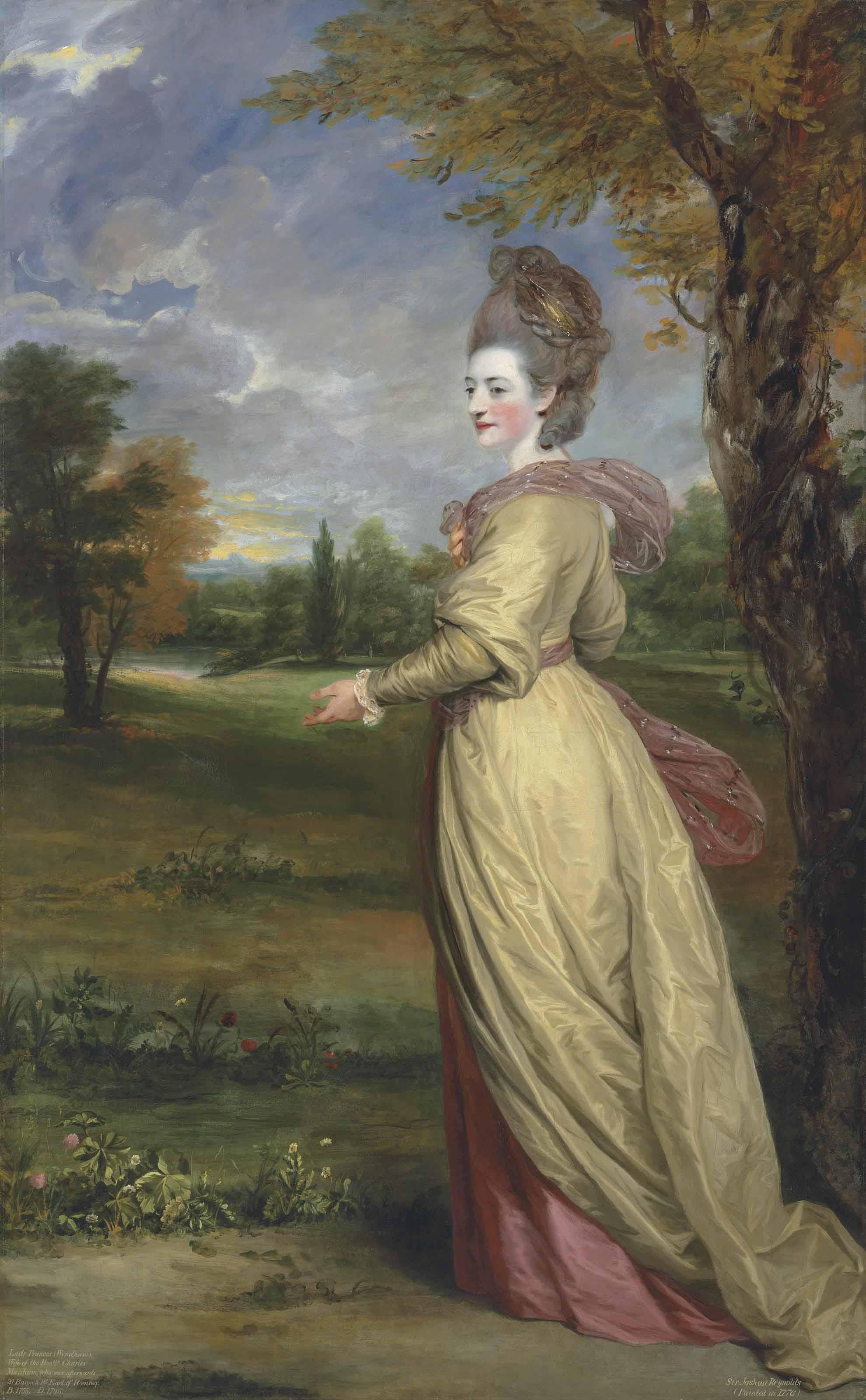 Sir Joshua Reynolds, P.R.A. - Portrait of Lady Frances Marsham, later Countess of Romney (1755-1795), full-length, in a yellow dress and pink shawl, in a park landscape