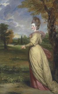 Sir Joshua Reynolds, P.R.A. - Portrait of Lady Frances Marsham, later Countess of Romney (1755-1795), full-length, in a yellow dress and pink shawl, in a park landscape
