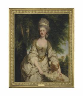 Sir Joshua Reynolds, P.R.A. - Portrait of Lucy Long, Mrs George Hardinge (d. 1820), three-quarter-length, in a white dress with a sheer brown scarf, a ribbon and pearls in her hair, with a spaniel, in a landscape