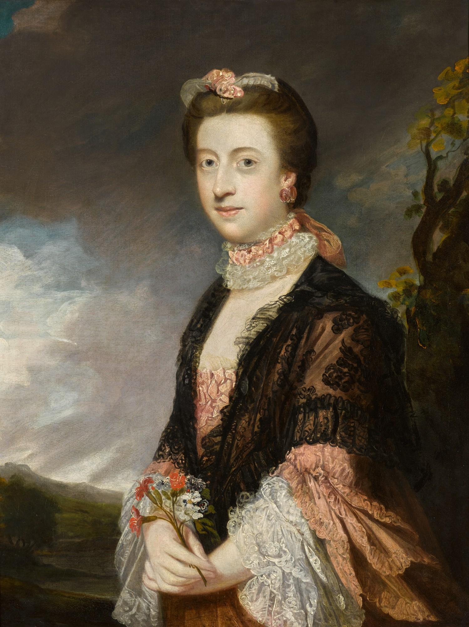 Sir Joshua Reynolds, P.R.A. - Portrait Of Mary, Countess Of Courtown (D. 1810), Half-Length, Wearing A Pink Dress, Black Lace Shawl, And Holding A Spray Of Carnations