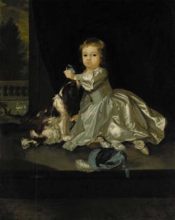 Sir Joshua Reynolds, P.R.A. - Portrait of Master or Miss Neate, full-length, seated, in a white satin dress, holding a King Charles Spaniel, beside a draped curtain, a lake landscape beyond