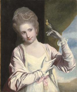 Sir Joshua Reynolds, P.R.A. - Portrait of Miss Harriet Powell (D.1779), Afterwards Countess of Seaforth, Half-Length, In A White Dress With A Pink Sash, A Goldfinch Perched On Her Left Hand, As \'Leonora\' In Bickerstaff\'S The Padlock