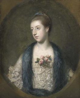 Sir Joshua Reynolds, P.R.A. - Portrait of Miss Mary Powis, afterwards Lady Stopford and Countess of Courtown, half-length, in a white dress and a corsage of pink roses, feigned oval