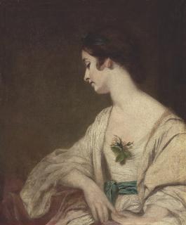 Sir Joshua Reynolds, P.R.A. - Portrait of Mrs Collyear, half-length, in a pink dress, with a rose and a green sash